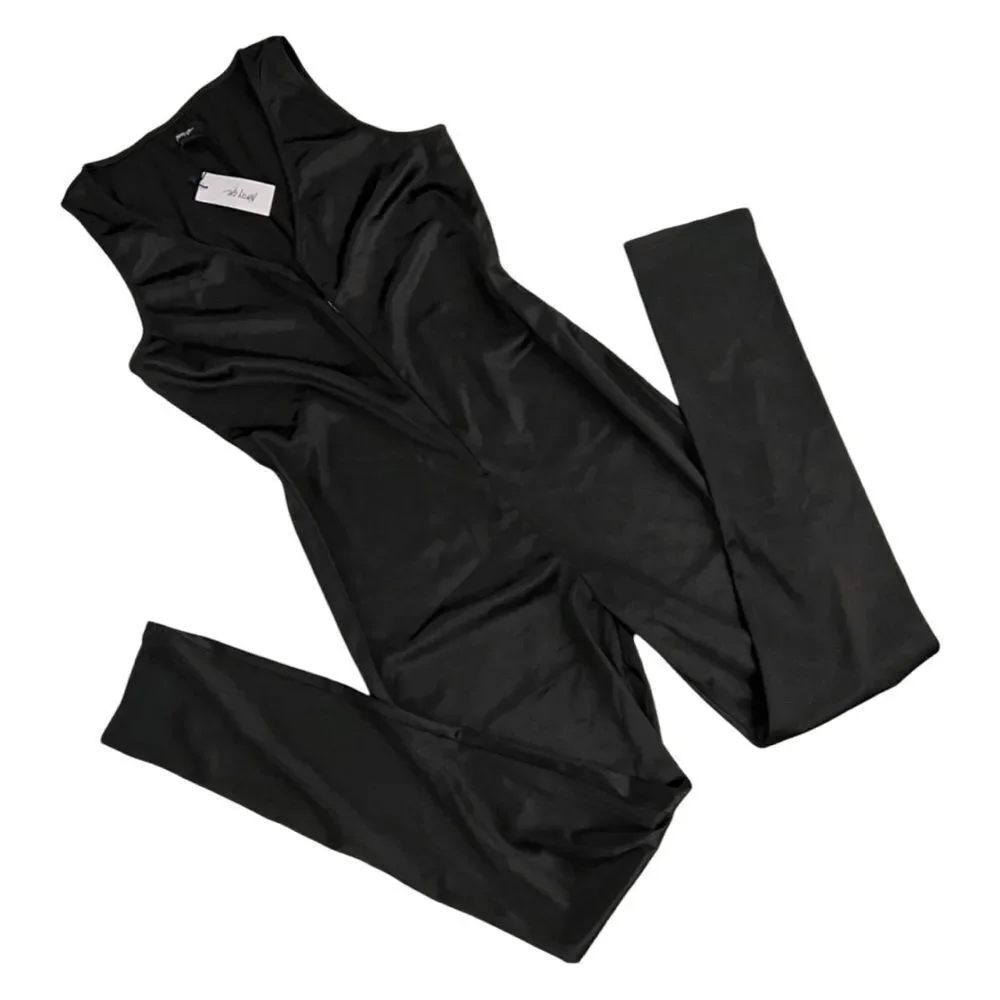 NWT Nasty Gal Slinky Bond Girl Black Zip Front One Piece Catsuit Jumpsuit - Picture 2 of 7